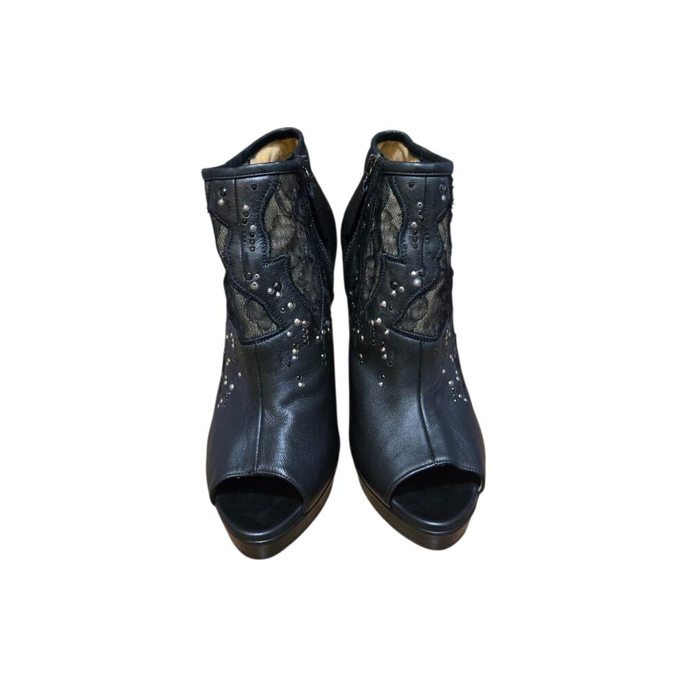 Valentino Garavani Black Leather Crystal Lace Peep Toe Heeled Booties IT 39 US 9 - Picture 3 of 7